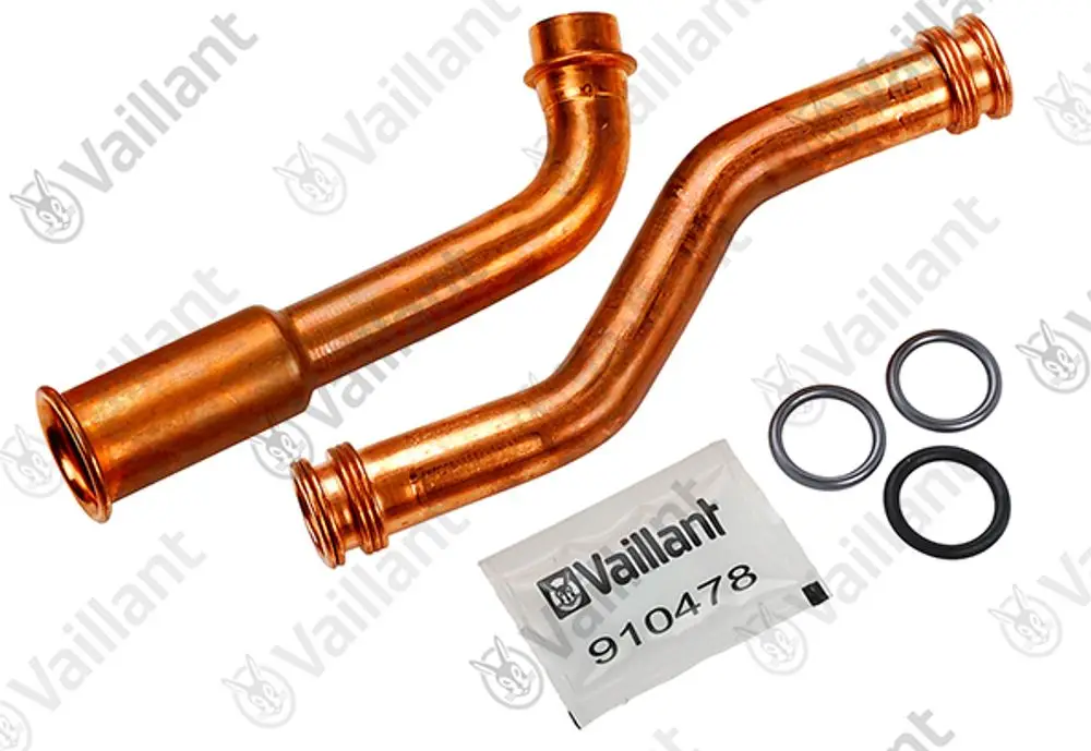 Kupferrohre in gebogenem Design mit O-Ringen und Verpackung, geeignet für Vaillant-Systeme, zur Verbindung und Leitungsführung in Heizungsinstallationen.